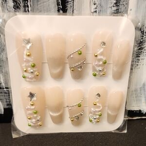 Elegant Nude Press-On Nails with Gold and Silver Accents